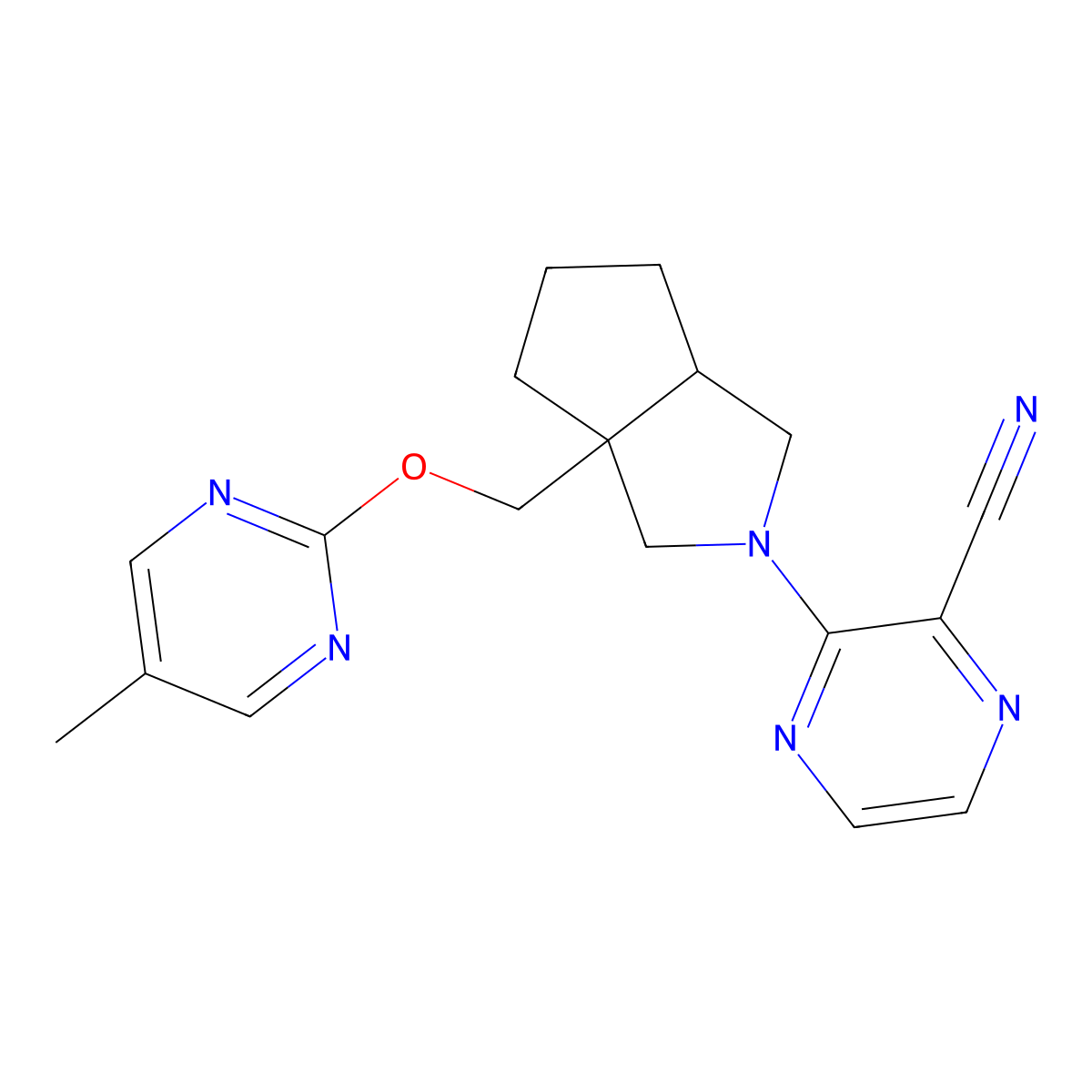 3-(3a-{[(5-Methylpyrimidin-2-yl)oxy]methyl}-octahydrocyclopenta[c]pyrrol-2-yl)pyrazine-2-carbonitrile molecular structure, CAS 2640968-32-5
