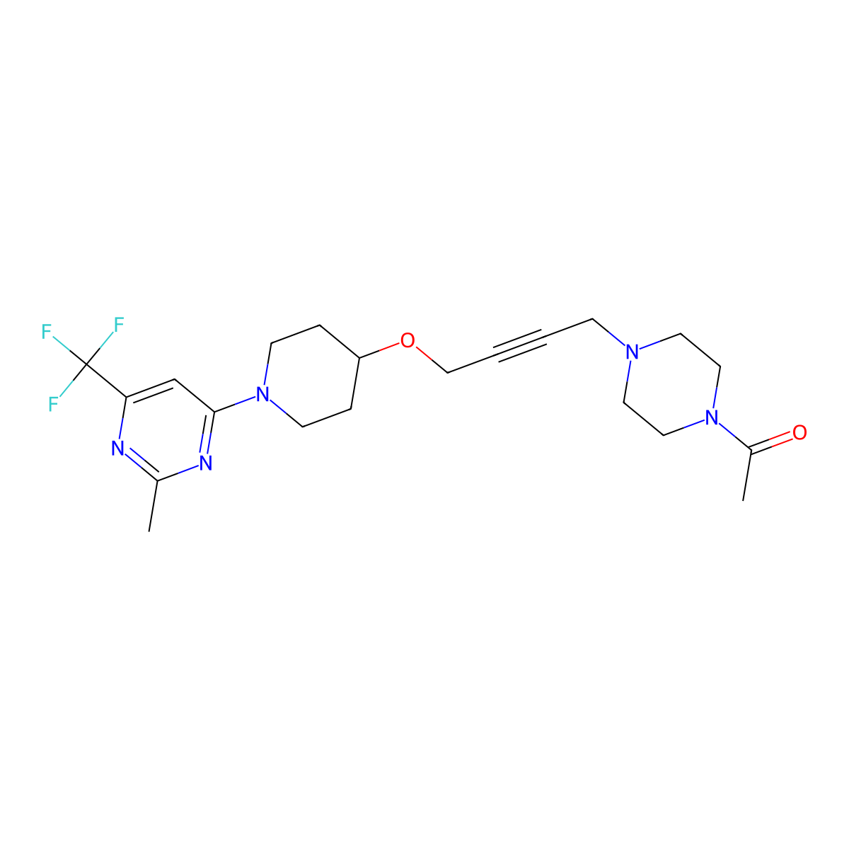 1-{4-[4-({1-[2-Methyl-6-(trifluoromethyl)pyrimidin-4-yl]piperidin-4-yl}oxy)but-2-yn-1-yl]piperazin-1-yl}ethan-1-one molecular structure, CAS 2640968-35-8