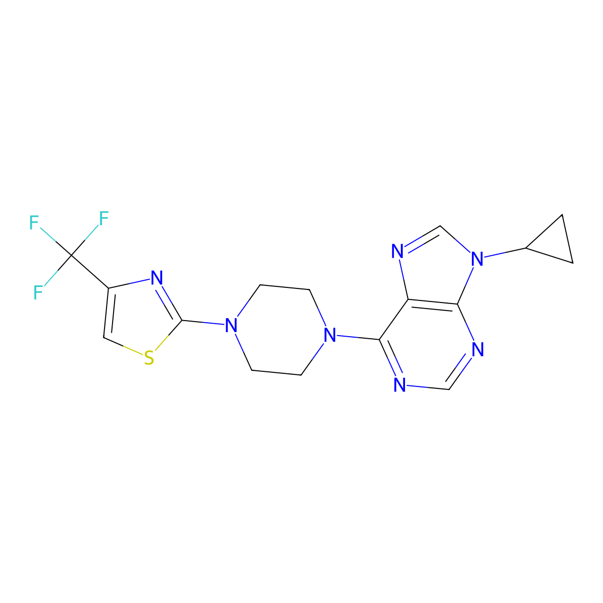 9-cyclopropyl-6-{4-[4-(trifluoromethyl)-1,3-thiazol-2-yl]piperazin-1-yl}-9H-purine molecular structure, CAS 2640968-36-9