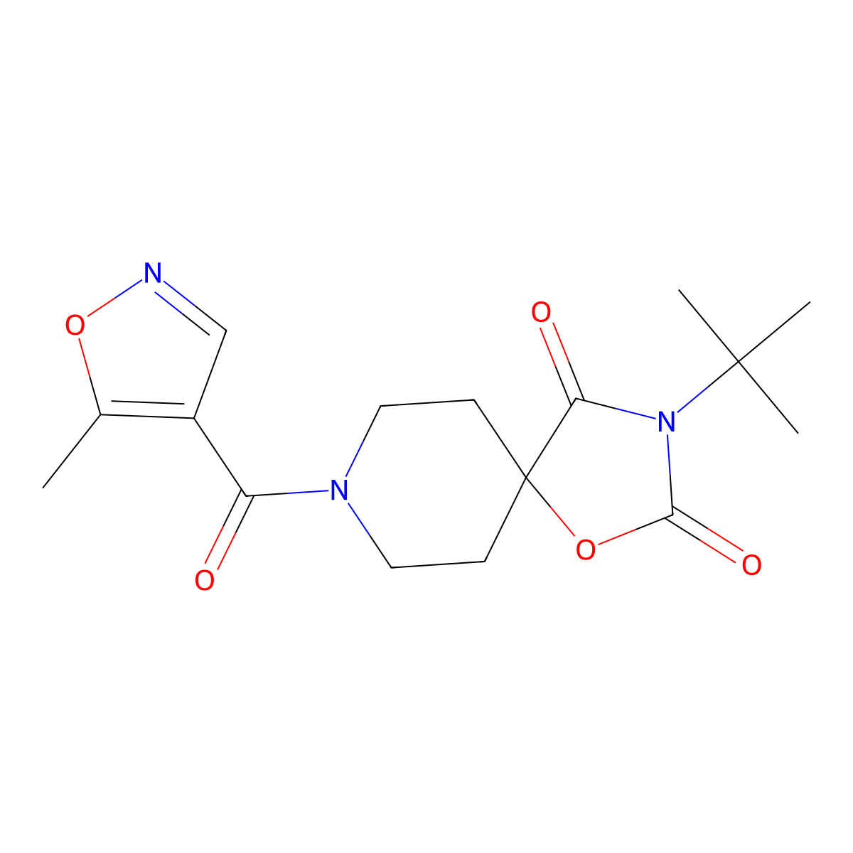 3-Tert-butyl-8-(5-methyl-1,2-oxazole-4-carbonyl)-1-oxa-3,8-diazaspiro[4.5]decane-2,4-dione molecular structure, CAS 2640968-46-1