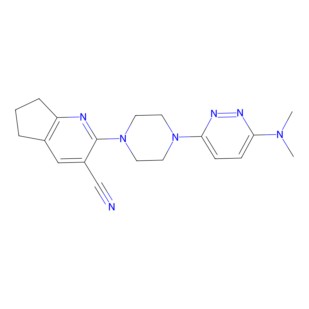 2-{4-[6-(dimethylamino)pyridazin-3-yl]piperazin-1-yl}-5H,6H,7H-cyclopenta[b]pyridine-3-carbonitrile molecular structure, CAS 2640968-48-3