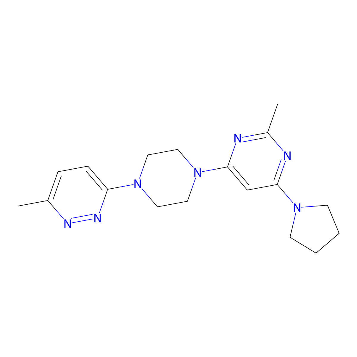 2-Methyl-4-[4-(6-methylpyridazin-3-yl)piperazin-1-yl]-6-(pyrrolidin-1-yl)pyrimidine molecular structure, CAS 2640968-51-8