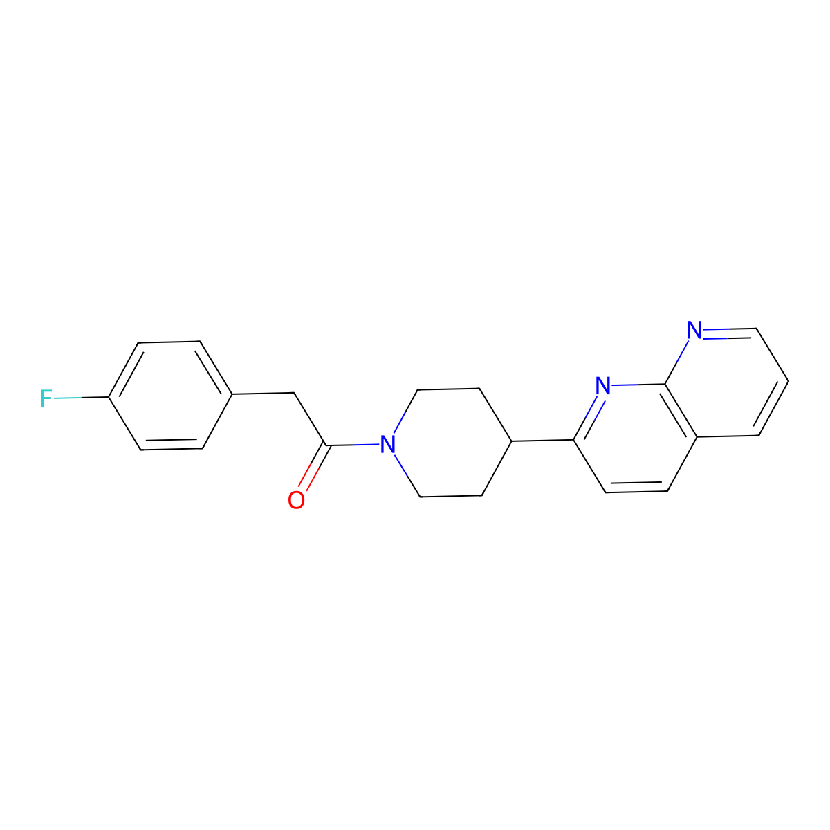 2-(4-Fluorophenyl)-1-[4-(1,8-naphthyridin-2-yl)piperidin-1-yl]ethan-1-one molecular structure, CAS 2640968-52-9