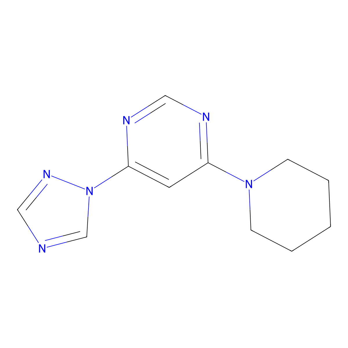 4-(piperidin-1-yl)-6-(1H-1,2,4-triazol-1-yl)pyrimidine molecular structure, CAS 2640968-54-1
