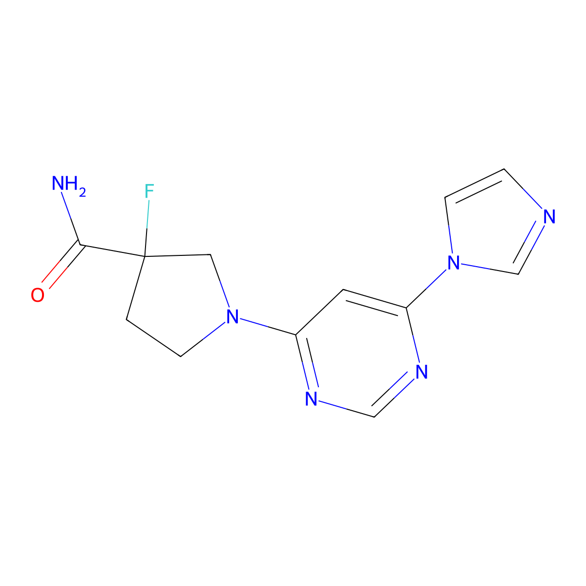 3-fluoro-1-[6-(1H-imidazol-1-yl)pyrimidin-4-yl]pyrrolidine-3-carboxamide molecular structure, CAS 2640968-56-3