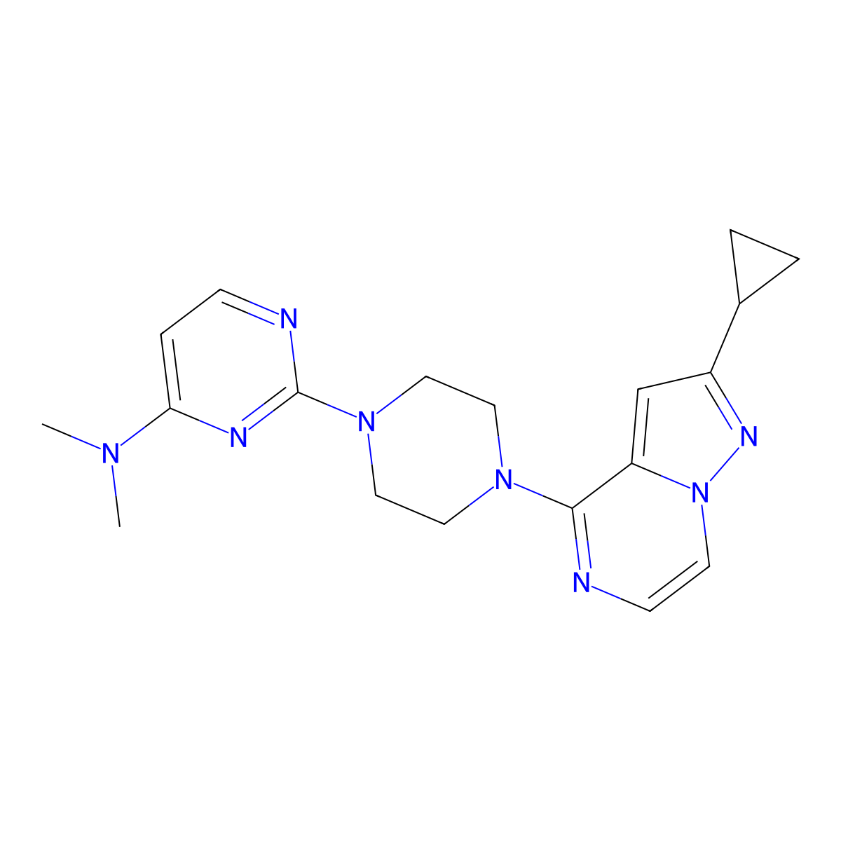 2-(4-{2-cyclopropylpyrazolo[1,5-a]pyrazin-4-yl}piperazin-1-yl)-N,N-dimethylpyrimidin-4-amine molecular structure, CAS 2640968-59-6