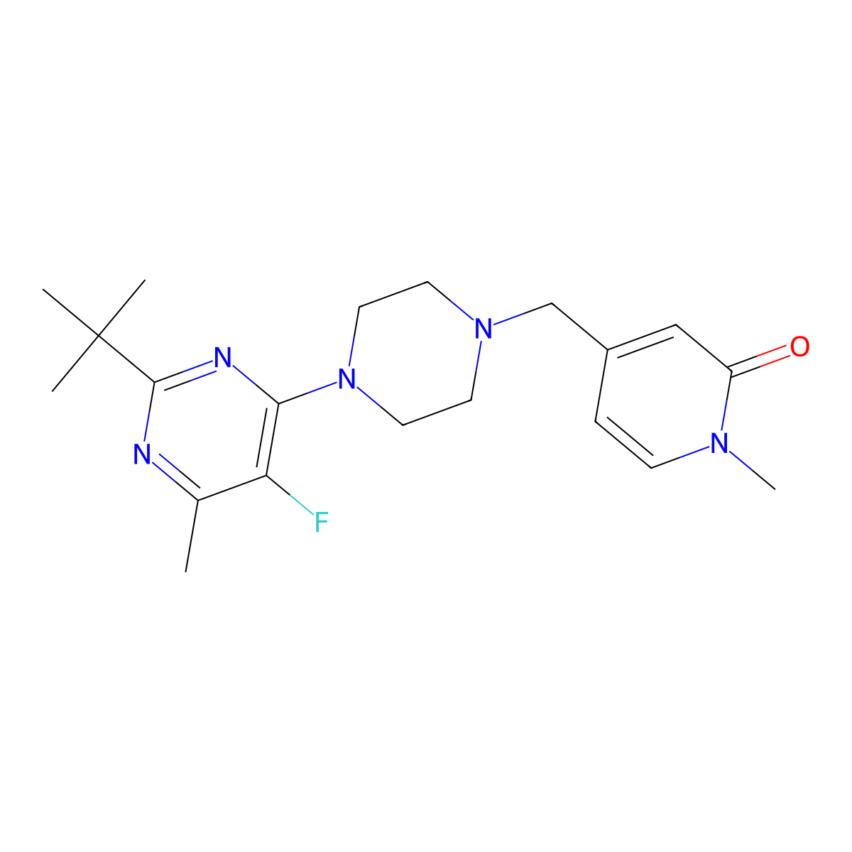 4-{[4-(2-Tert-butyl-5-fluoro-6-methylpyrimidin-4-yl)piperazin-1-yl]methyl}-1-methyl-1,2-dihydropyridin-2-one molecular structure, CAS 2640968-61-0