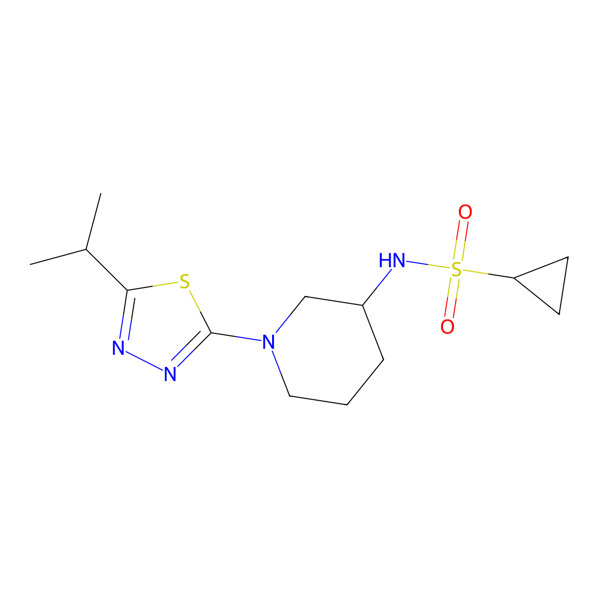 N-{1-[5-(propan-2-yl)-1,3,4-thiadiazol-2-yl]piperidin-3-yl}cyclopropanesulfonamide molecular structure, CAS 2640968-64-3