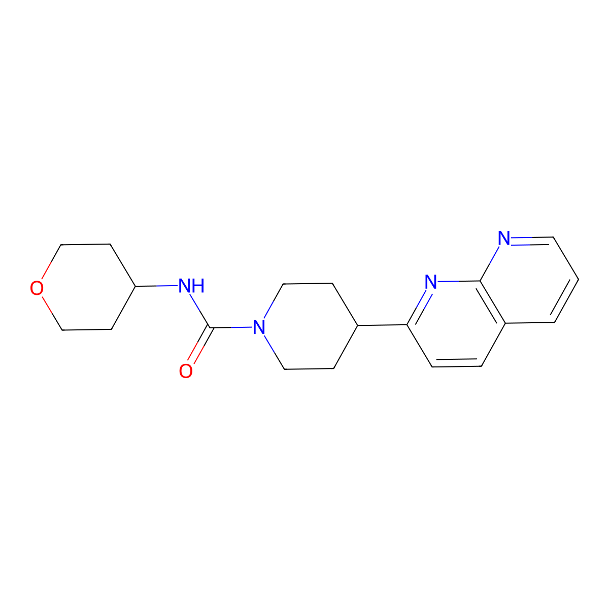 4-(1,8-naphthyridin-2-yl)-N-(oxan-4-yl)piperidine-1-carboxamide molecular structure, CAS 2640968-73-4