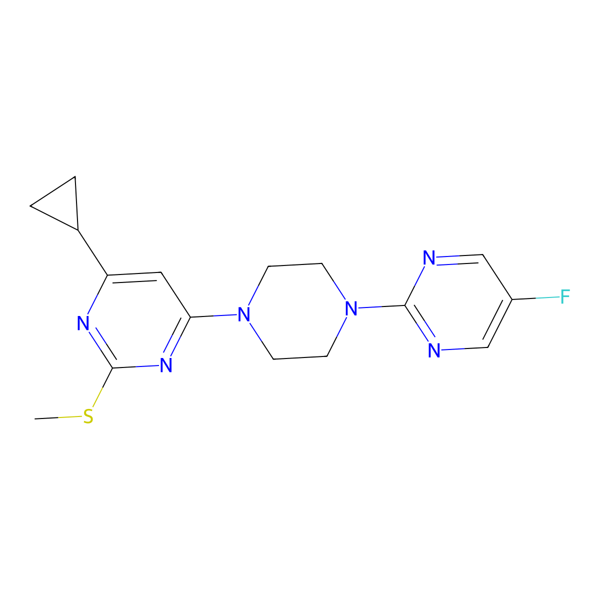 4-Cyclopropyl-6-[4-(5-fluoropyrimidin-2-yl)piperazin-1-yl]-2-(methylsulfanyl)pyrimidine molecular structure, CAS 2640968-75-6