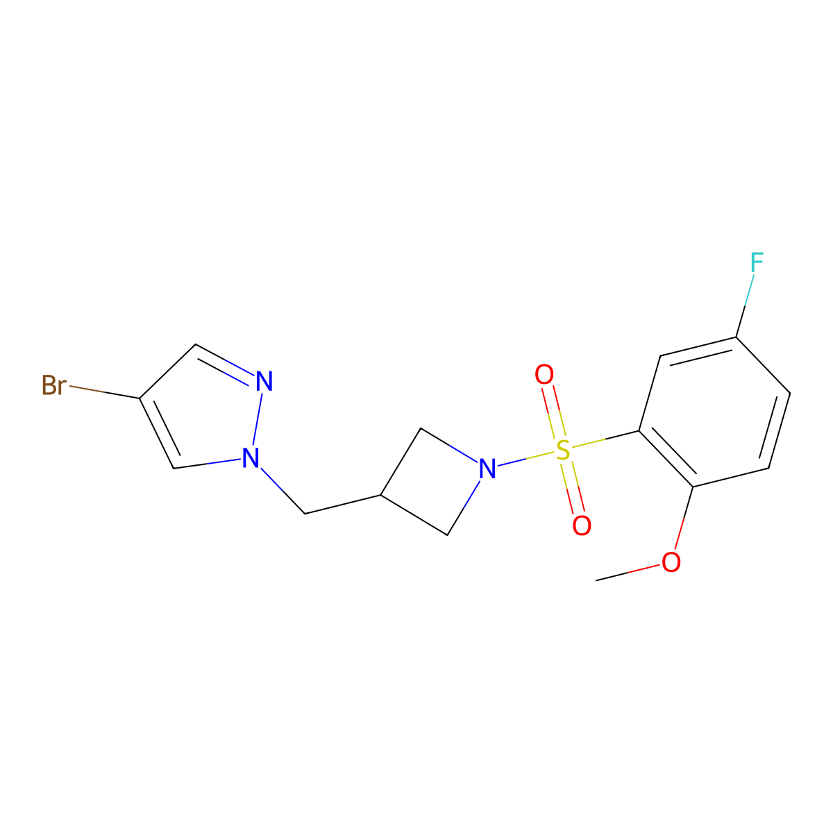 4-bromo-1-{[1-(5-fluoro-2-methoxybenzenesulfonyl)azetidin-3-yl]methyl}-1H-pyrazole molecular structure, CAS 2640968-80-3