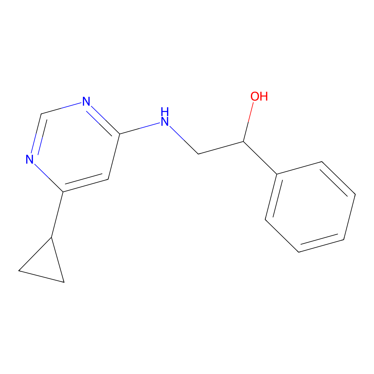 2-[(6-Cyclopropylpyrimidin-4-yl)amino]-1-phenylethan-1-ol molecular structure, CAS 2640968-82-5