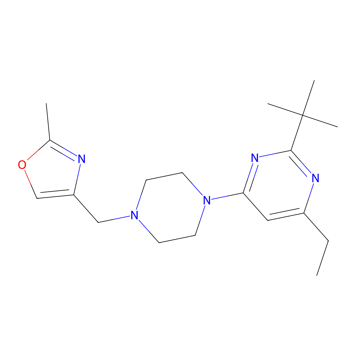 2-Tert-butyl-4-ethyl-6-{4-[(2-methyl-1,3-oxazol-4-yl)methyl]piperazin-1-yl}pyrimidine molecular structure, CAS 2640968-89-2