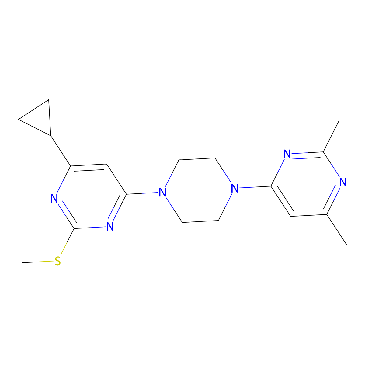 4-Cyclopropyl-6-[4-(2,6-dimethylpyrimidin-4-yl)piperazin-1-yl]-2-(methylsulfanyl)pyrimidine molecular structure, CAS 2640968-95-0