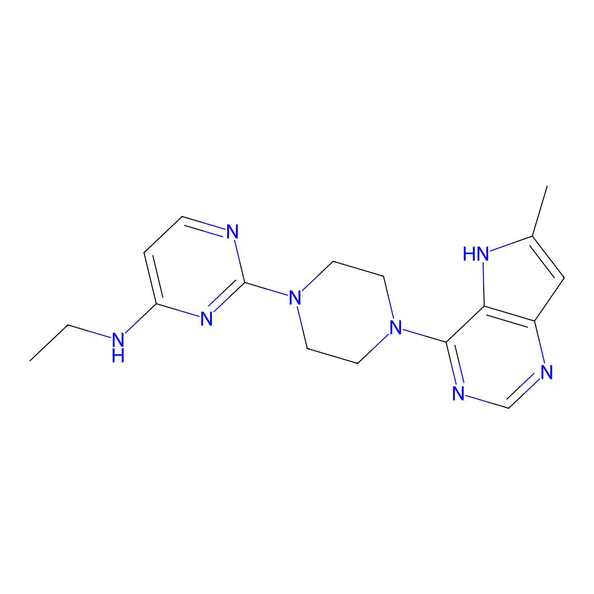 N-ethyl-2-(4-{6-methyl-5H-pyrrolo[3,2-d]pyrimidin-4-yl}piperazin-1-yl)pyrimidin-4-amine molecular structure, CAS 2640968-96-1