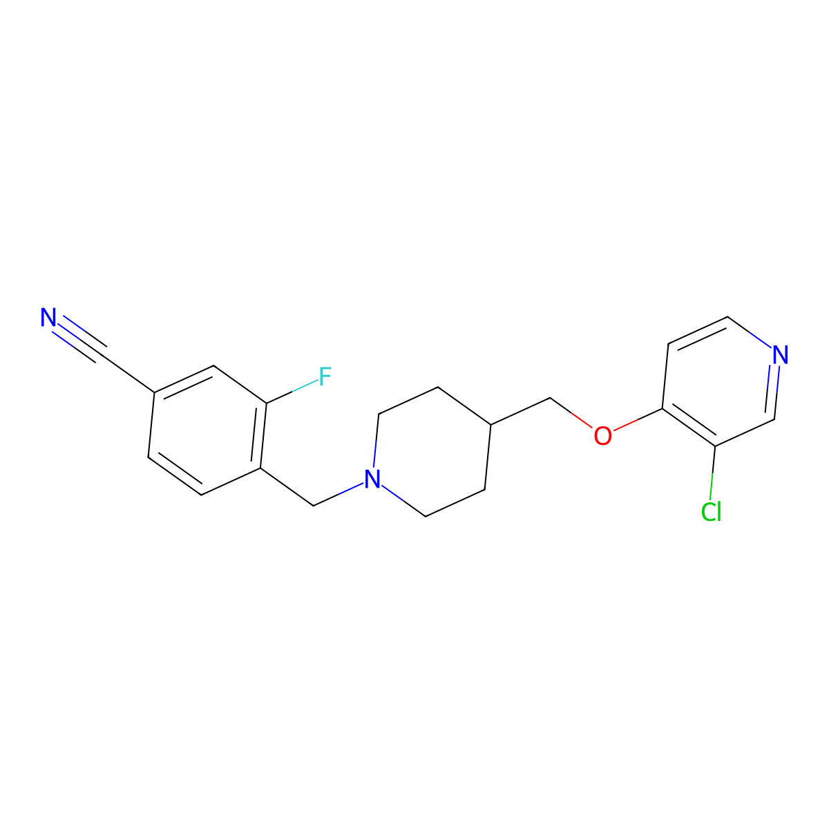 4-[(4-{[(3-Chloropyridin-4-yl)oxy]methyl}piperidin-1-yl)methyl]-3-fluorobenzonitrile molecular structure, CAS 2640968-97-2