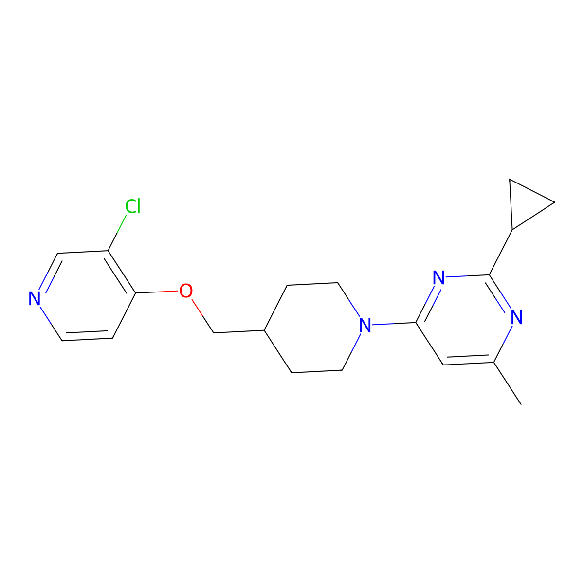 4-(4-{[(3-Chloropyridin-4-yl)oxy]methyl}piperidin-1-yl)-2-cyclopropyl-6-methylpyrimidine molecular structure, CAS 2640968-99-4