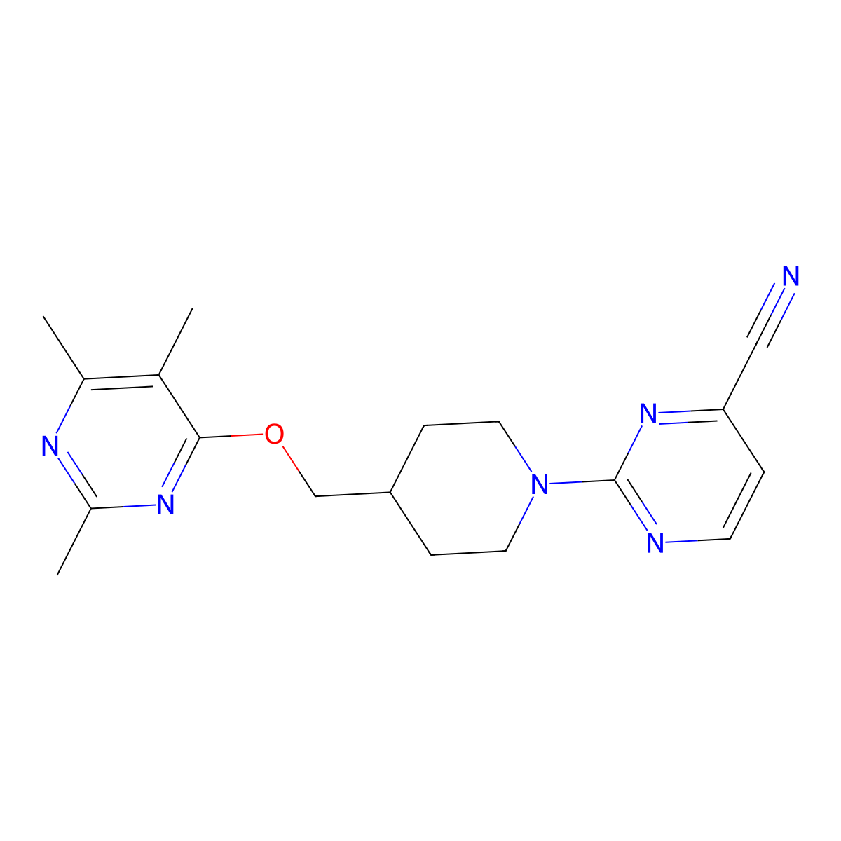 2-(4-{[(2,5,6-Trimethylpyrimidin-4-yl)oxy]methyl}piperidin-1-yl)pyrimidine-4-carbonitrile molecular structure, CAS 2640969-11-3