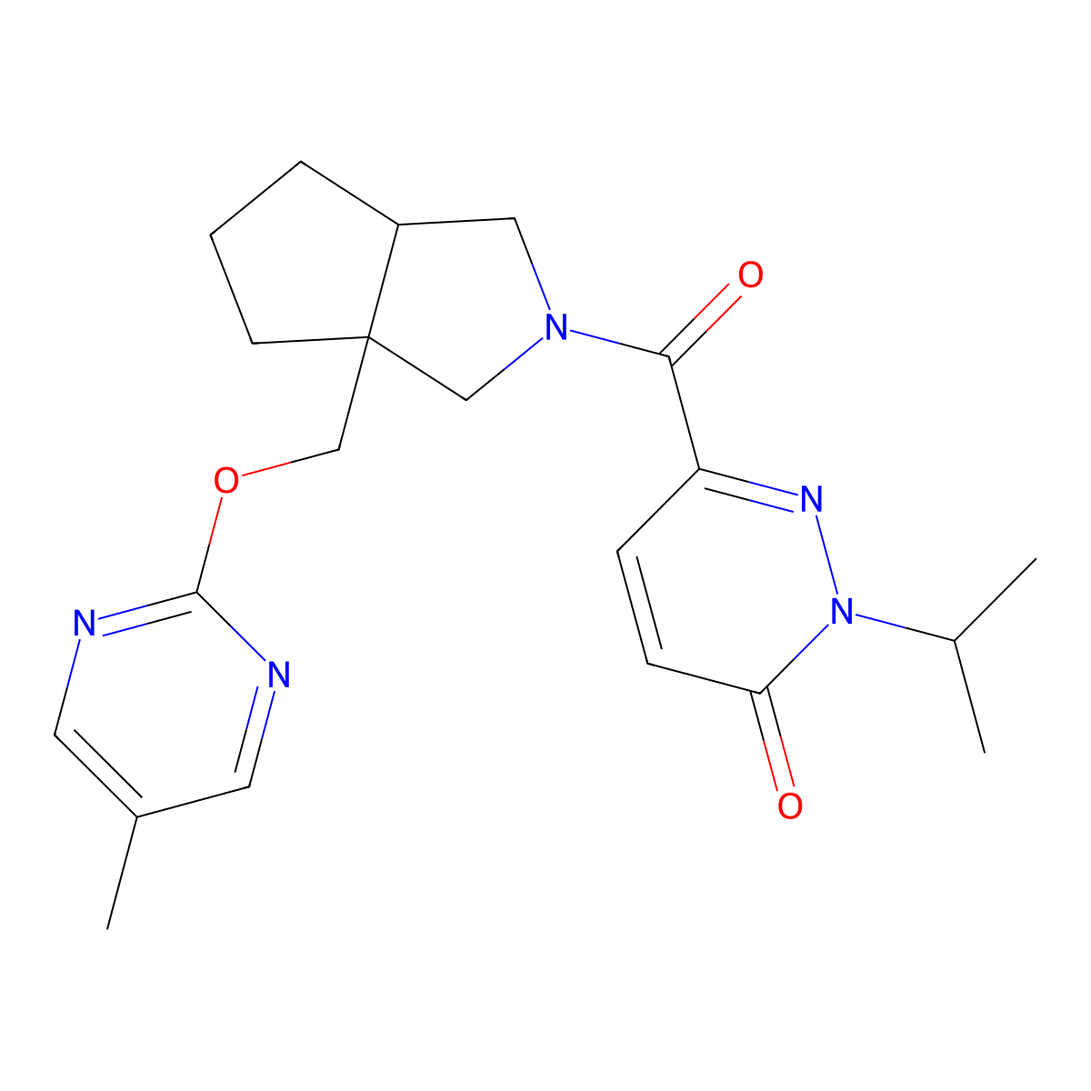 6-(3a-{[(5-Methylpyrimidin-2-yl)oxy]methyl}-octahydrocyclopenta[c]pyrrole-2-carbonyl)-2-(propan-2-yl)-2,3-dihydropyridazin-3-one molecular structure, CAS 2640969-17-9