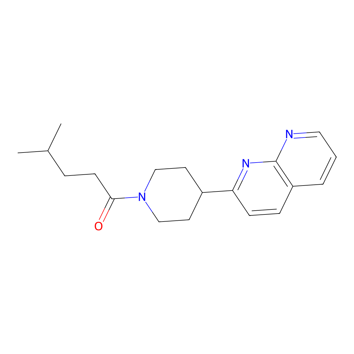 4-Methyl-1-[4-(1,8-naphthyridin-2-yl)piperidin-1-yl]pentan-1-one molecular structure, CAS 2640969-24-8