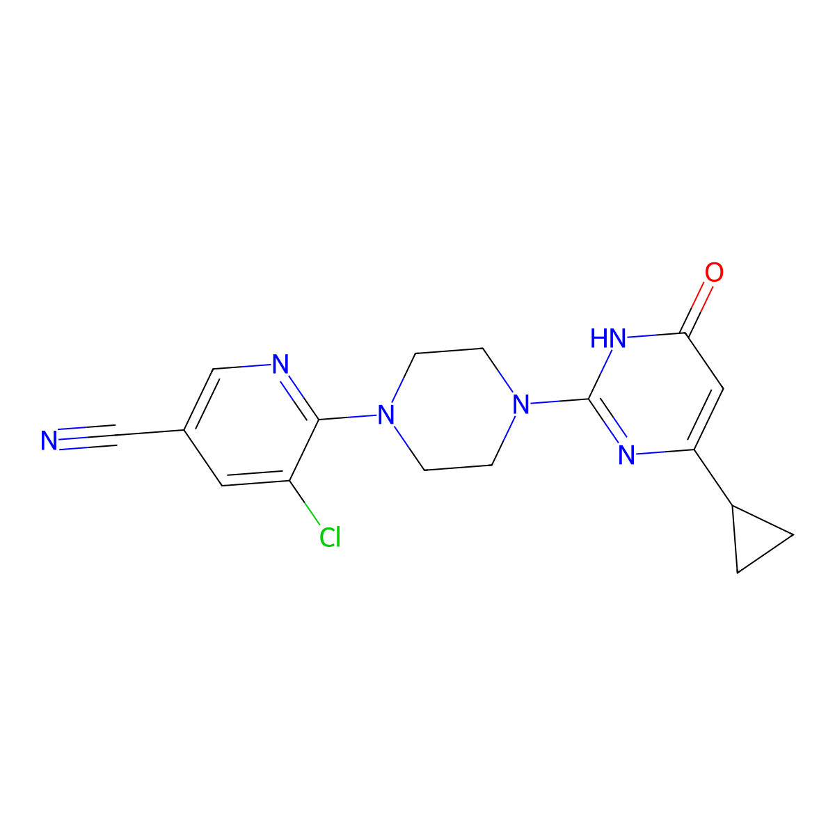 5-Chloro-6-[4-(4-cyclopropyl-6-oxo-1,6-dihydropyrimidin-2-yl)piperazin-1-yl]pyridine-3-carbonitrile molecular structure, CAS 2640969-27-1