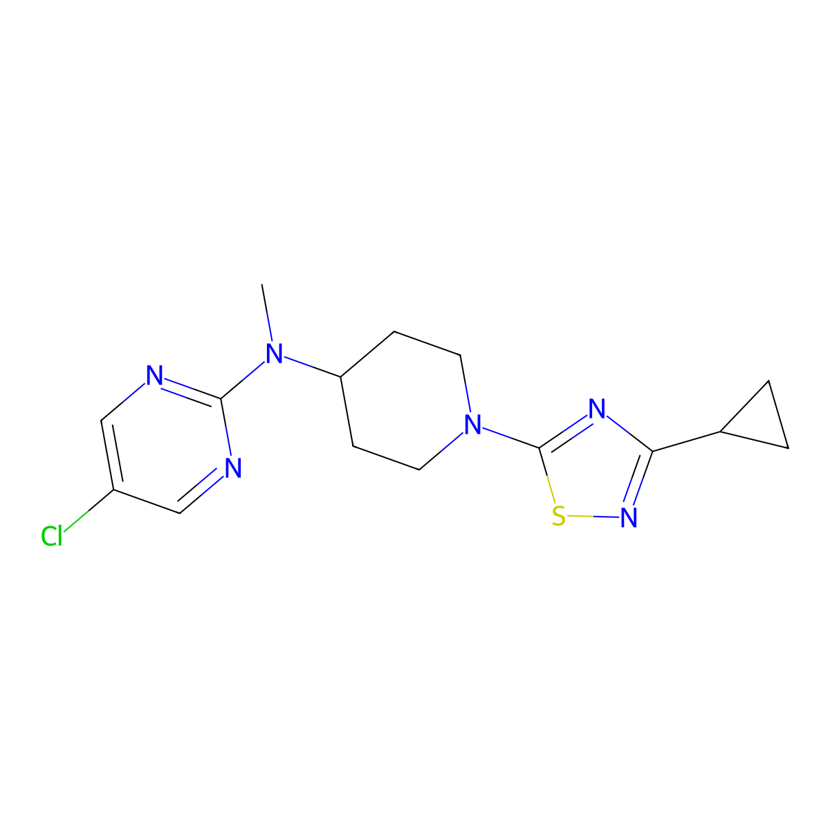 5-chloro-N-[1-(3-cyclopropyl-1,2,4-thiadiazol-5-yl)piperidin-4-yl]-N-methylpyrimidin-2-amine molecular structure, CAS 2640969-28-2