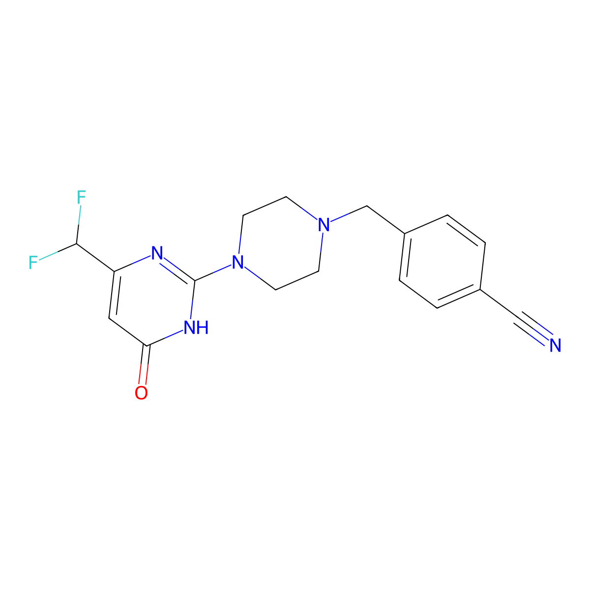 4-({4-[4-(Difluoromethyl)-6-oxo-1,6-dihydropyrimidin-2-yl]piperazin-1-yl}methyl)benzonitrile molecular structure, CAS 2640969-34-0