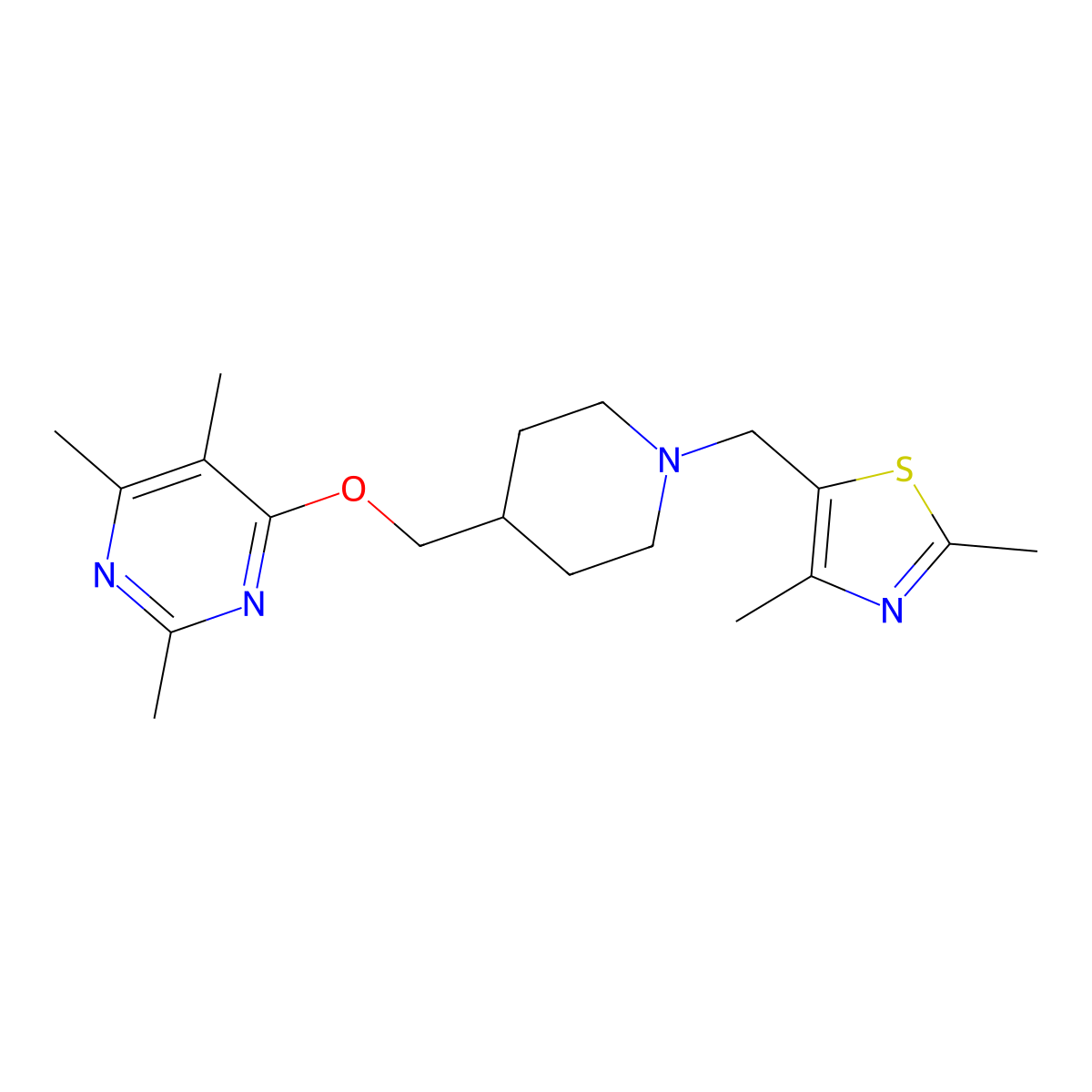 4-({1-[(2,4-Dimethyl-1,3-thiazol-5-yl)methyl]piperidin-4-yl}methoxy)-2,5,6-trimethylpyrimidine molecular structure, CAS 2640969-37-3