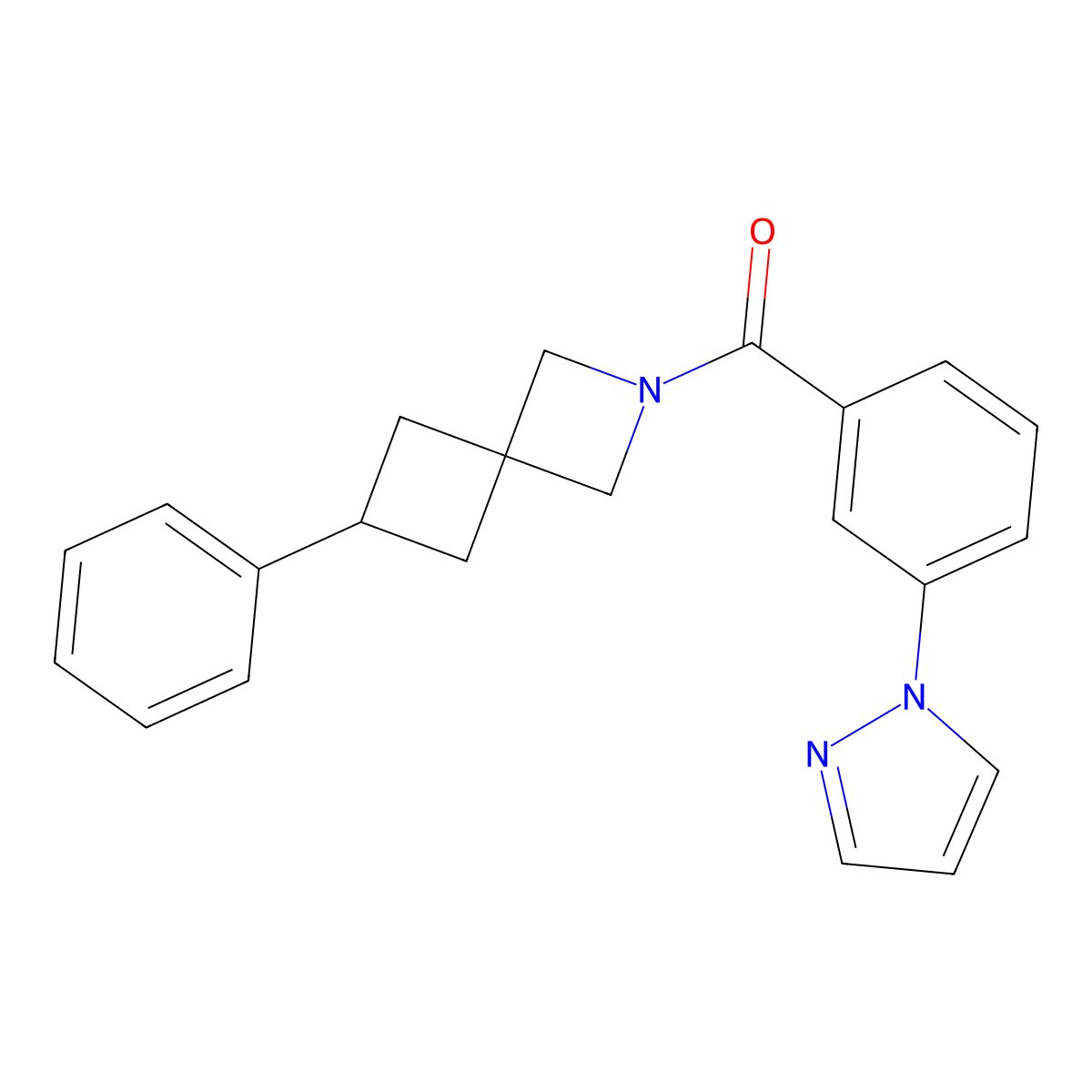 6-phenyl-2-[3-(1H-pyrazol-1-yl)benzoyl]-2-azaspiro[3.3]heptane molecular structure, CAS 2640969-38-4