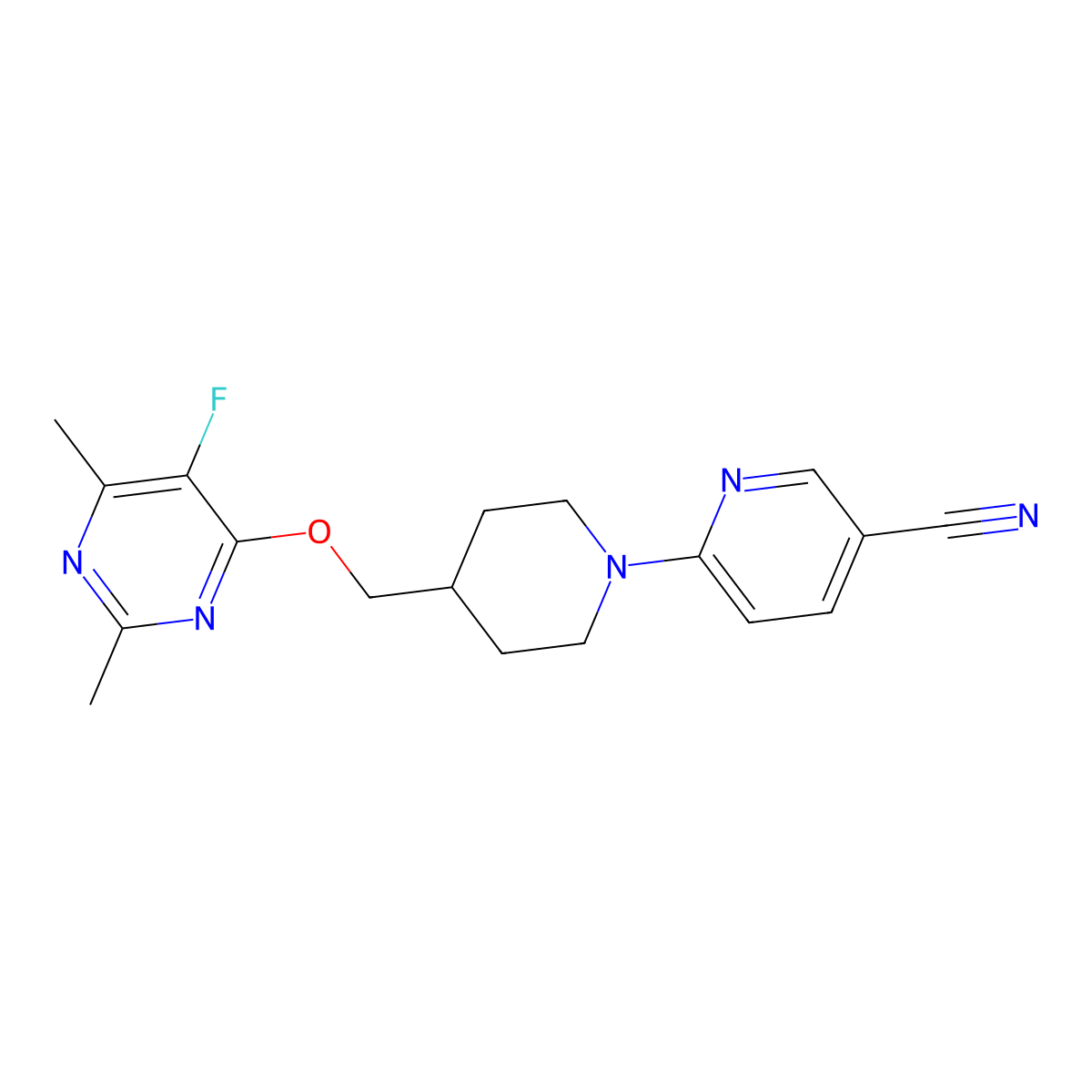 6-(4-{[(5-Fluoro-2,6-dimethylpyrimidin-4-yl)oxy]methyl}piperidin-1-yl)pyridine-3-carbonitrile molecular structure, CAS 2640969-39-5