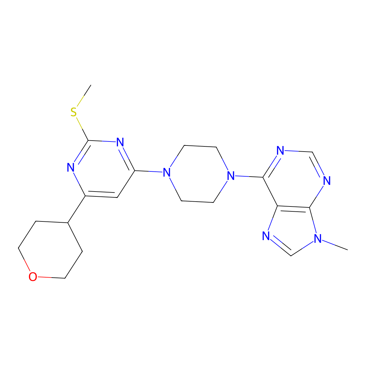 9-methyl-6-{4-[2-(methylsulfanyl)-6-(oxan-4-yl)pyrimidin-4-yl]piperazin-1-yl}-9H-purine molecular structure, CAS 2640969-46-4