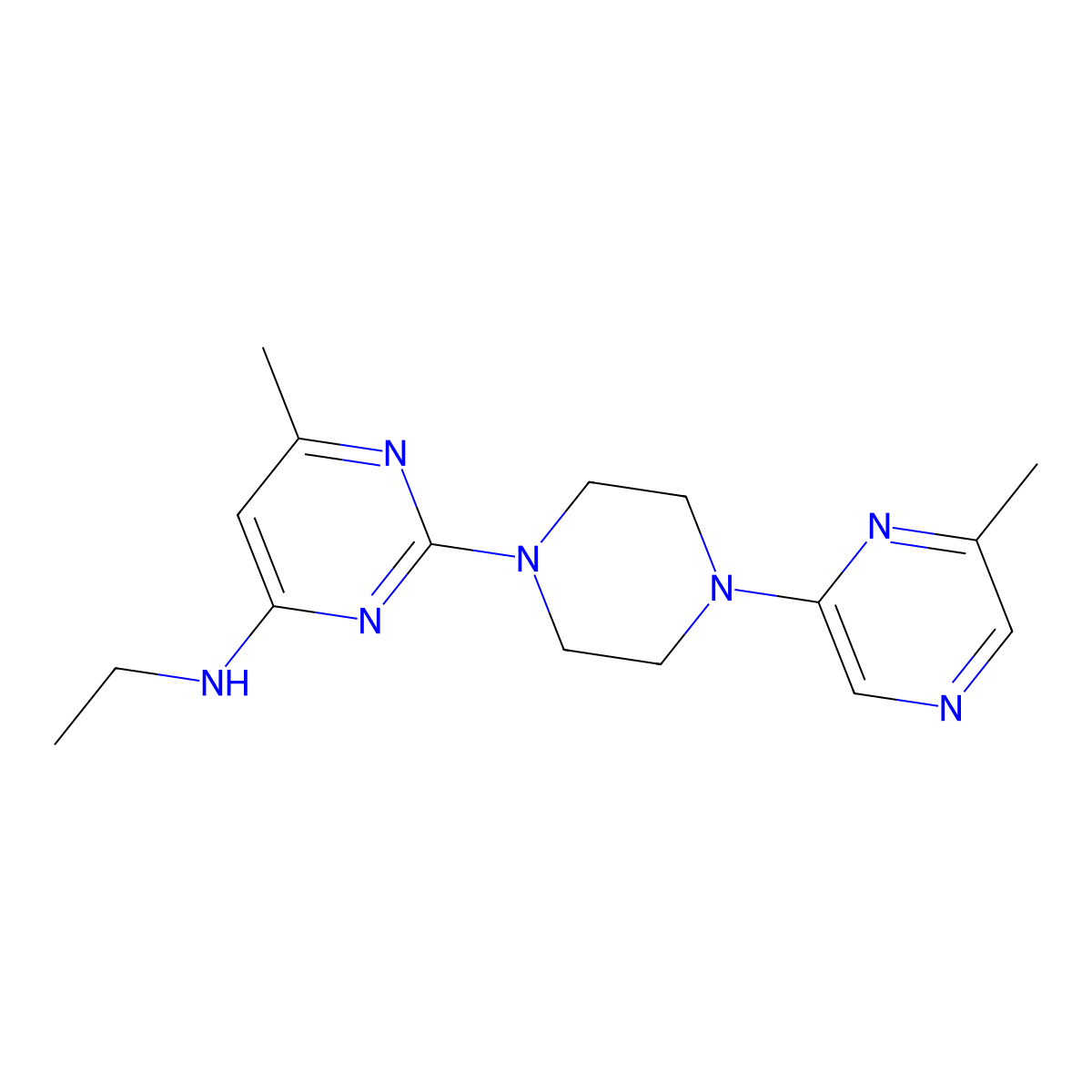 N-ethyl-6-methyl-2-[4-(6-methylpyrazin-2-yl)piperazin-1-yl]pyrimidin-4-amine molecular structure, CAS 2640969-48-6