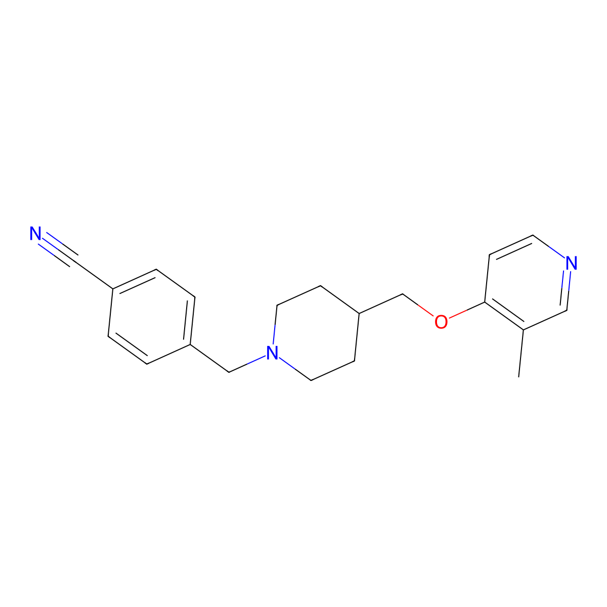 4-[(4-{[(3-Methylpyridin-4-yl)oxy]methyl}piperidin-1-yl)methyl]benzonitrile molecular structure, CAS 2640969-54-4