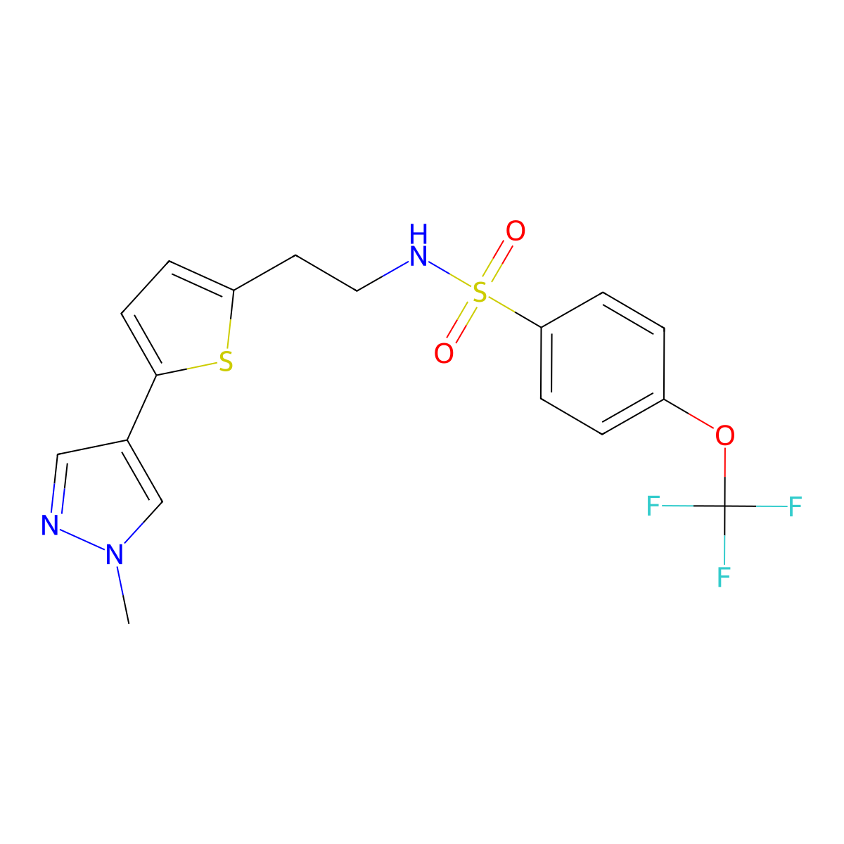 N-{2-[5-(1-methyl-1H-pyrazol-4-yl)thiophen-2-yl]ethyl}-4-(trifluoromethoxy)benzene-1-sulfonamide molecular structure, CAS 2640969-55-5
