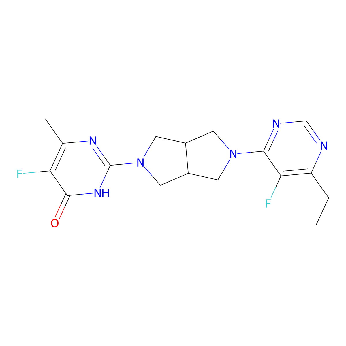 2-[5-(6-Ethyl-5-fluoropyrimidin-4-yl)-octahydropyrrolo[3,4-c]pyrrol-2-yl]-5-fluoro-6-methyl-3,4-dihydropyrimidin-4-one molecular structure, CAS 2640969-58-8