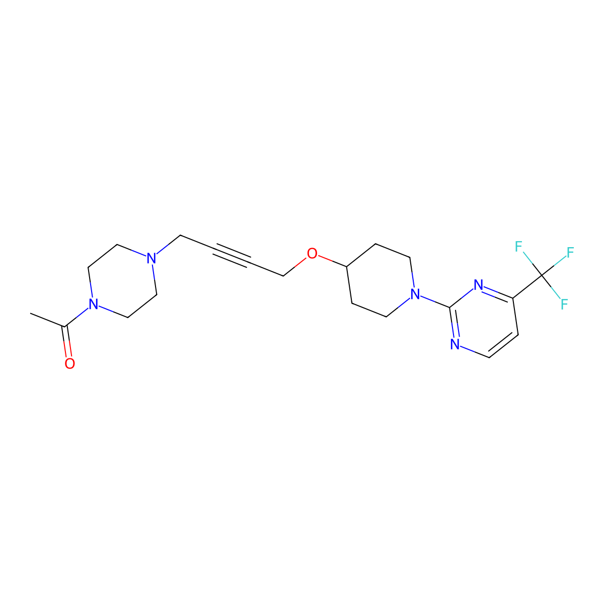 1-{4-[4-({1-[4-(Trifluoromethyl)pyrimidin-2-yl]piperidin-4-yl}oxy)but-2-yn-1-yl]piperazin-1-yl}ethan-1-one molecular structure, CAS 2640969-60-2
