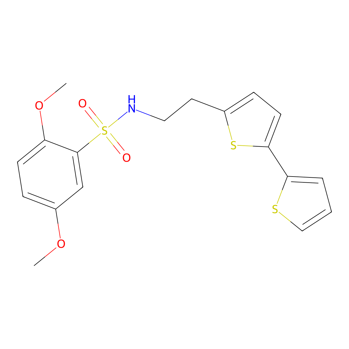N-(2-{[2,2'-bithiophene]-5-yl}ethyl)-2,5-dimethoxybenzene-1-sulfonamide molecular structure, CAS 2640969-62-4