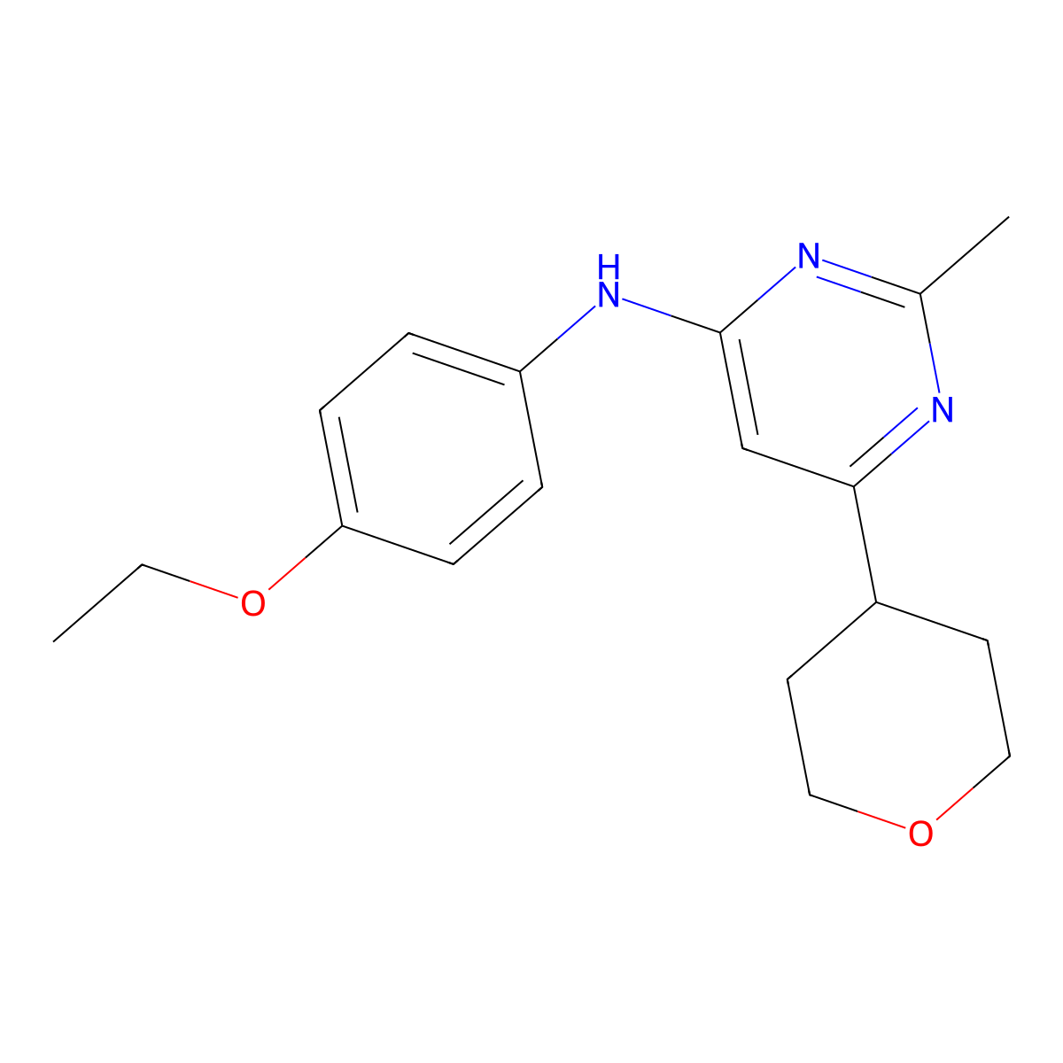 N-(4-ethoxyphenyl)-2-methyl-6-(oxan-4-yl)pyrimidin-4-amine molecular structure, CAS 2640969-67-9