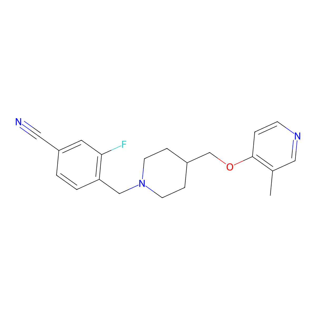 3-Fluoro-4-[(4-{[(3-methylpyridin-4-yl)oxy]methyl}piperidin-1-yl)methyl]benzonitrile molecular structure, CAS 2640969-72-6