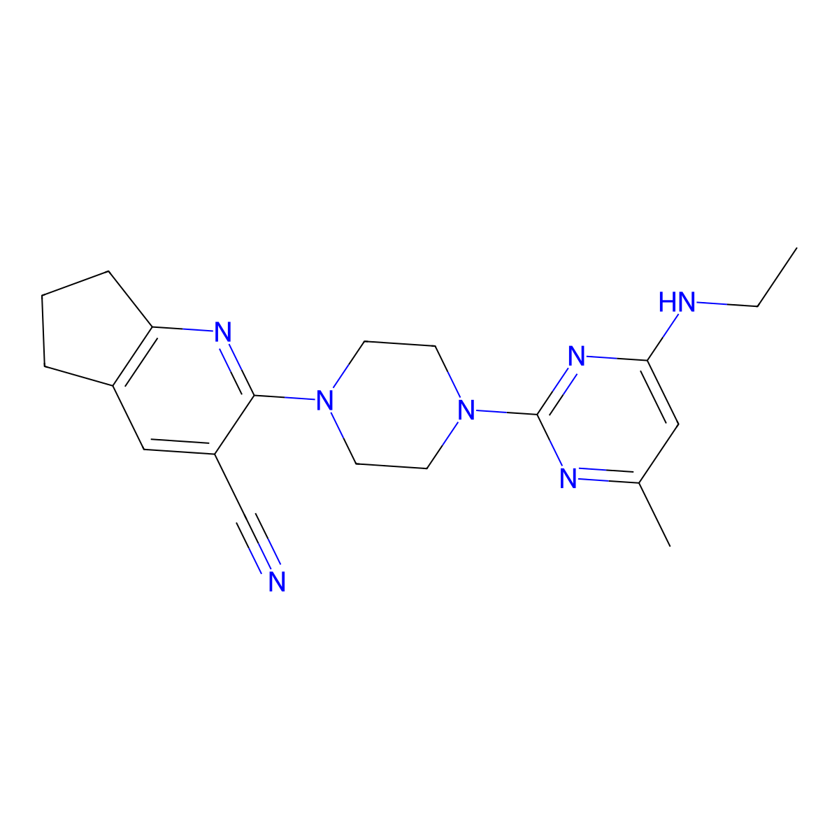2-{4-[4-(ethylamino)-6-methylpyrimidin-2-yl]piperazin-1-yl}-5H,6H,7H-cyclopenta[b]pyridine-3-carbonitrile molecular structure, CAS 2640969-78-2