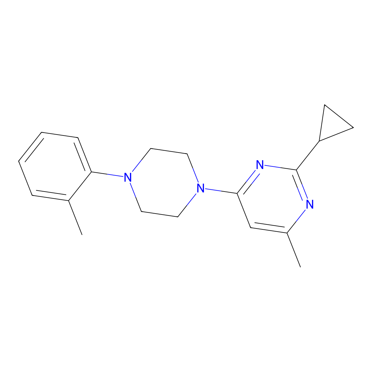 2-Cyclopropyl-4-methyl-6-[4-(2-methylphenyl)piperazin-1-yl]pyrimidine molecular structure, CAS 2640969-83-9