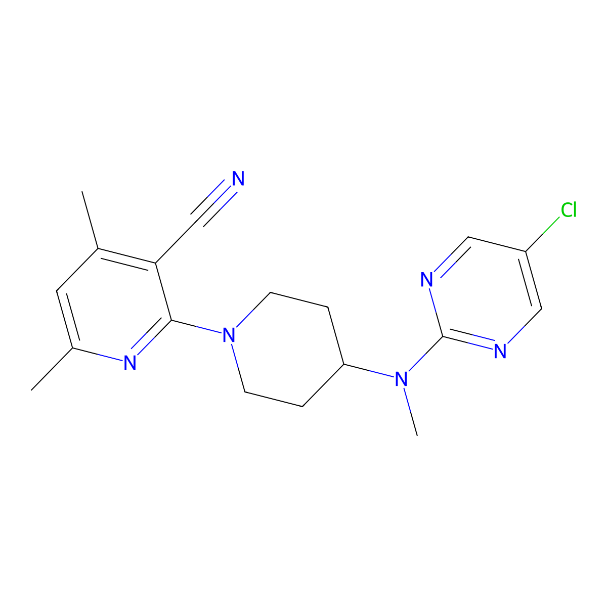 2-{4-[(5-Chloropyrimidin-2-yl)(methyl)amino]piperidin-1-yl}-4,6-dimethylpyridine-3-carbonitrile molecular structure, CAS 2640969-96-4