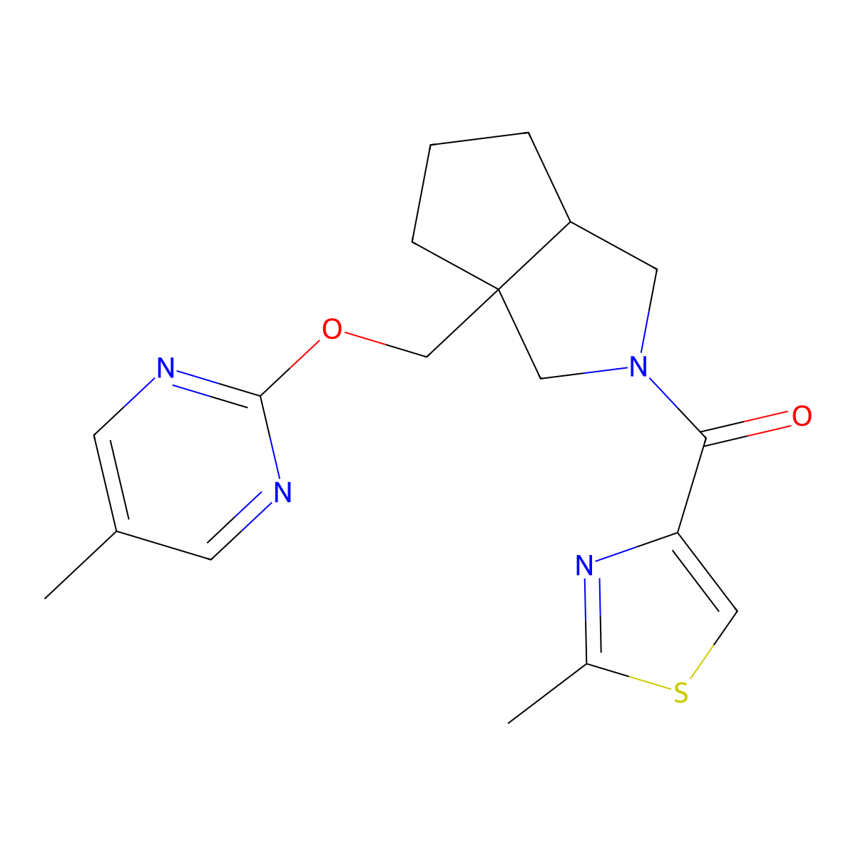 5-Methyl-2-{[2-(2-methyl-1,3-thiazole-4-carbonyl)-octahydrocyclopenta[c]pyrrol-3a-yl]methoxy}pyrimidine molecular structure, CAS 2640969-98-6