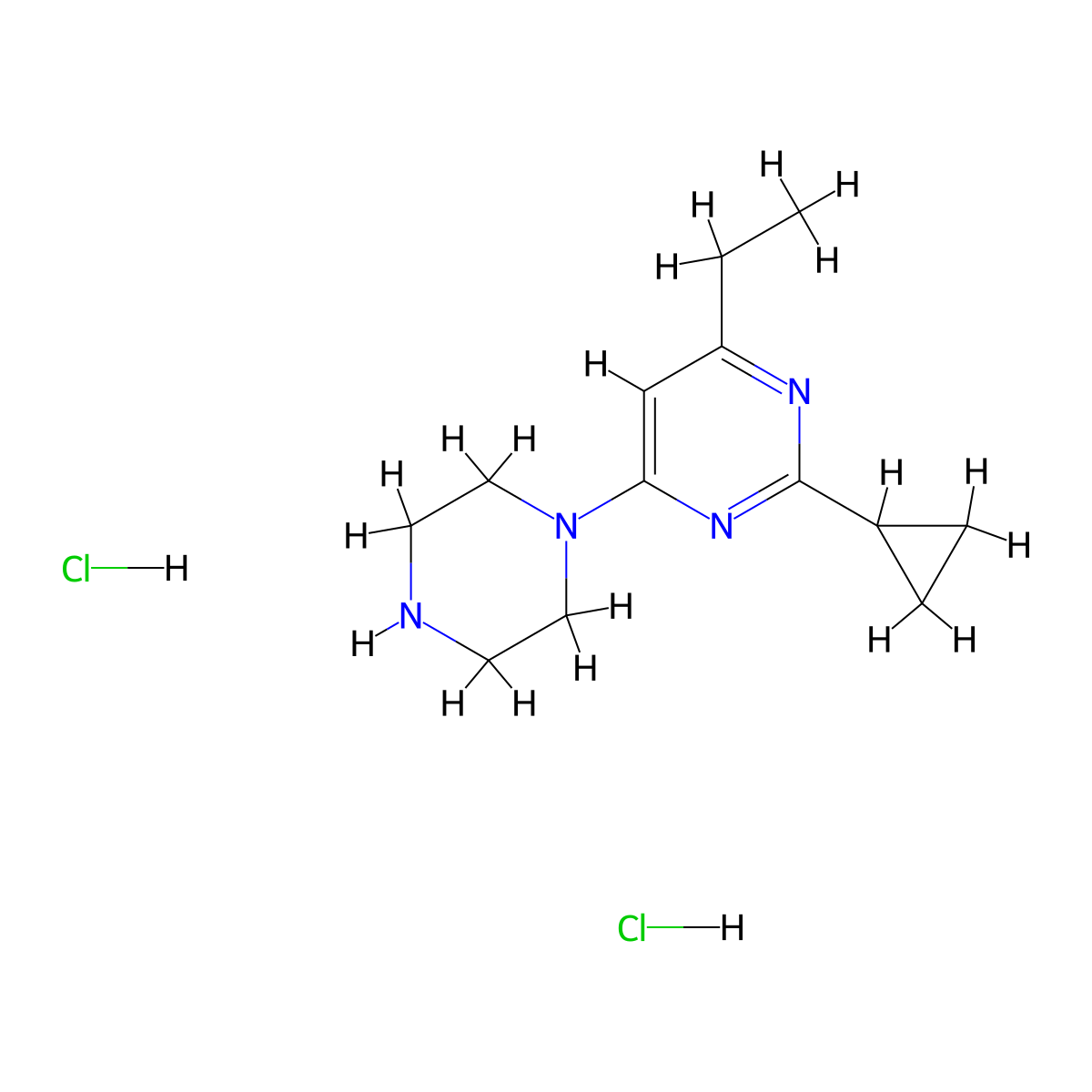 2-Cyclopropyl-4-ethyl-6-(piperazin-1-yl)pyrimidine dihydrochloride molecular structure, CAS 2640970-05-2