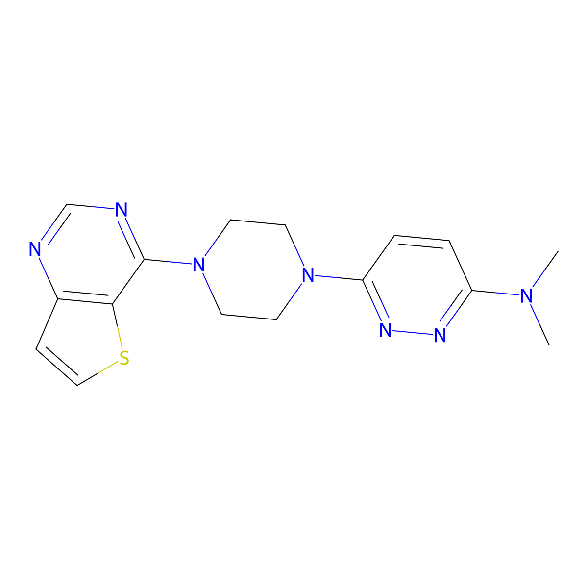 N,N-dimethyl-6-(4-{thieno[3,2-d]pyrimidin-4-yl}piperazin-1-yl)pyridazin-3-amine molecular structure, CAS 2640970-08-5