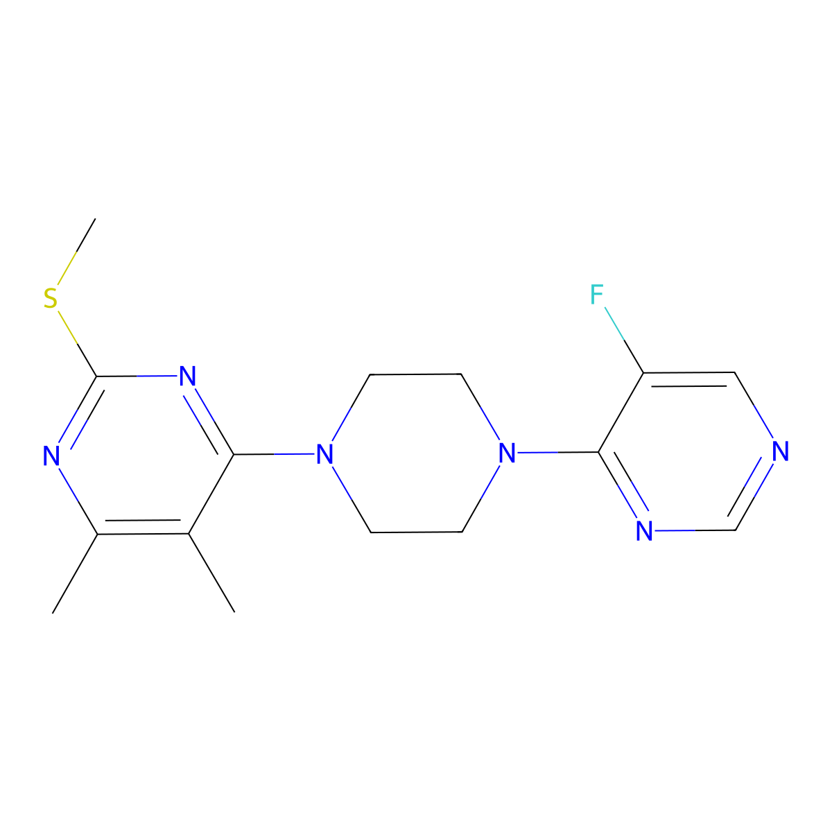 4-[4-(5-Fluoropyrimidin-4-yl)piperazin-1-yl]-5,6-dimethyl-2-(methylsulfanyl)pyrimidine molecular structure, CAS 2640970-09-6