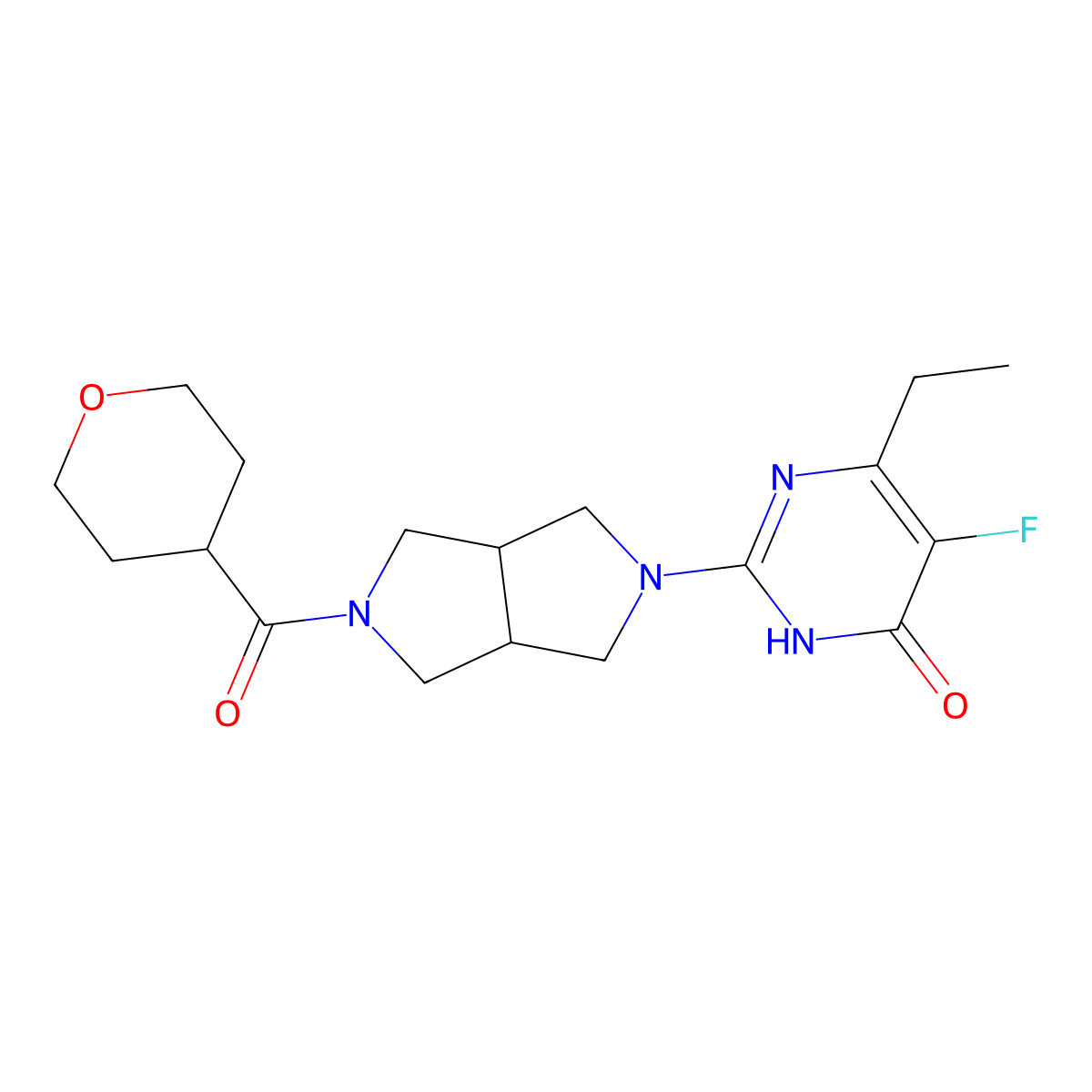 6-Ethyl-5-fluoro-2-[5-(oxane-4-carbonyl)-octahydropyrrolo[3,4-c]pyrrol-2-yl]-3,4-dihydropyrimidin-4-one molecular structure, CAS 2640970-15-4