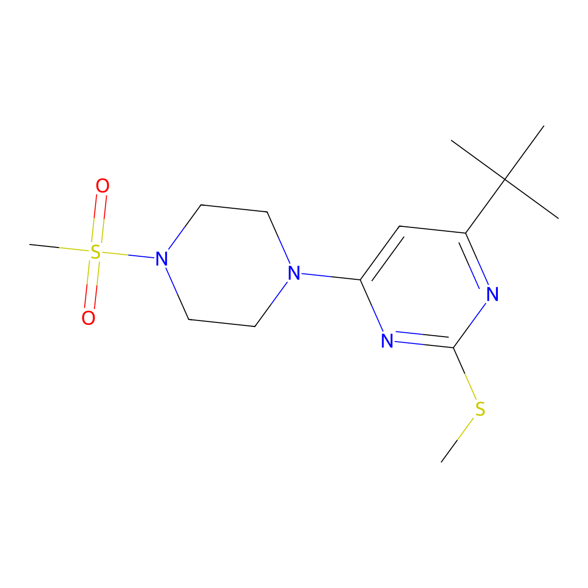 4-Tert-butyl-6-(4-methanesulfonylpiperazin-1-yl)-2-(methylsulfanyl)pyrimidine molecular structure, CAS 2640970-19-8