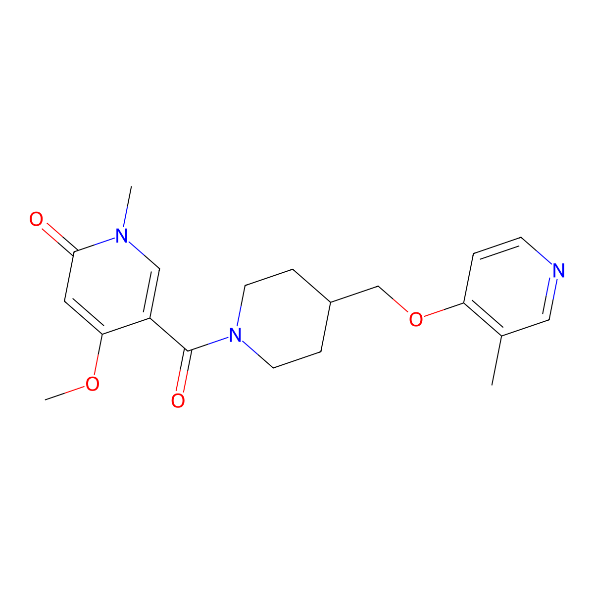 4-Methoxy-1-methyl-5-(4-{[(3-methylpyridin-4-yl)oxy]methyl}piperidine-1-carbonyl)-1,2-dihydropyridin-2-one molecular structure, CAS 2640970-20-1