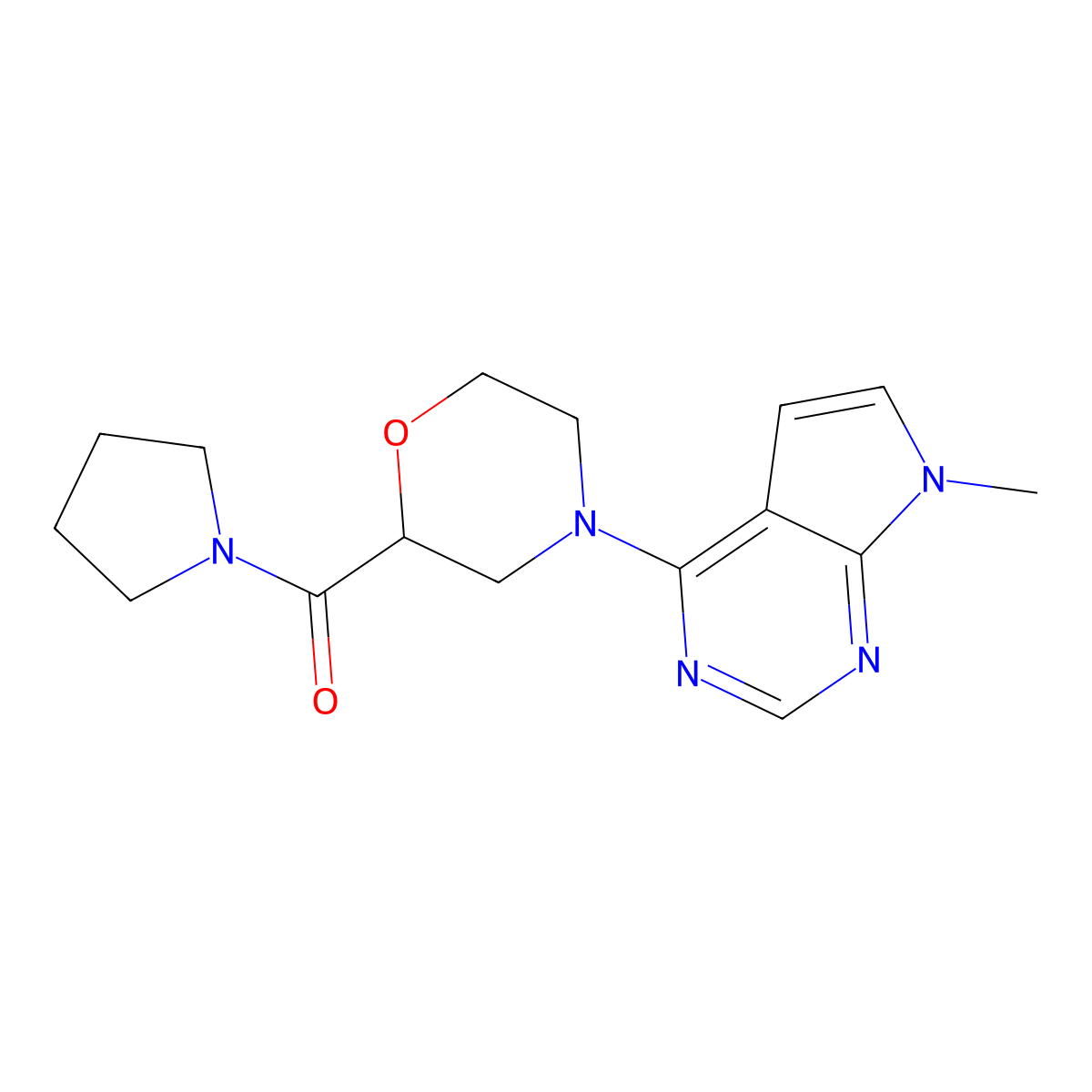 4-{7-methyl-7H-pyrrolo[2,3-d]pyrimidin-4-yl}-2-(pyrrolidine-1-carbonyl)morpholine molecular structure, CAS 2640970-24-5